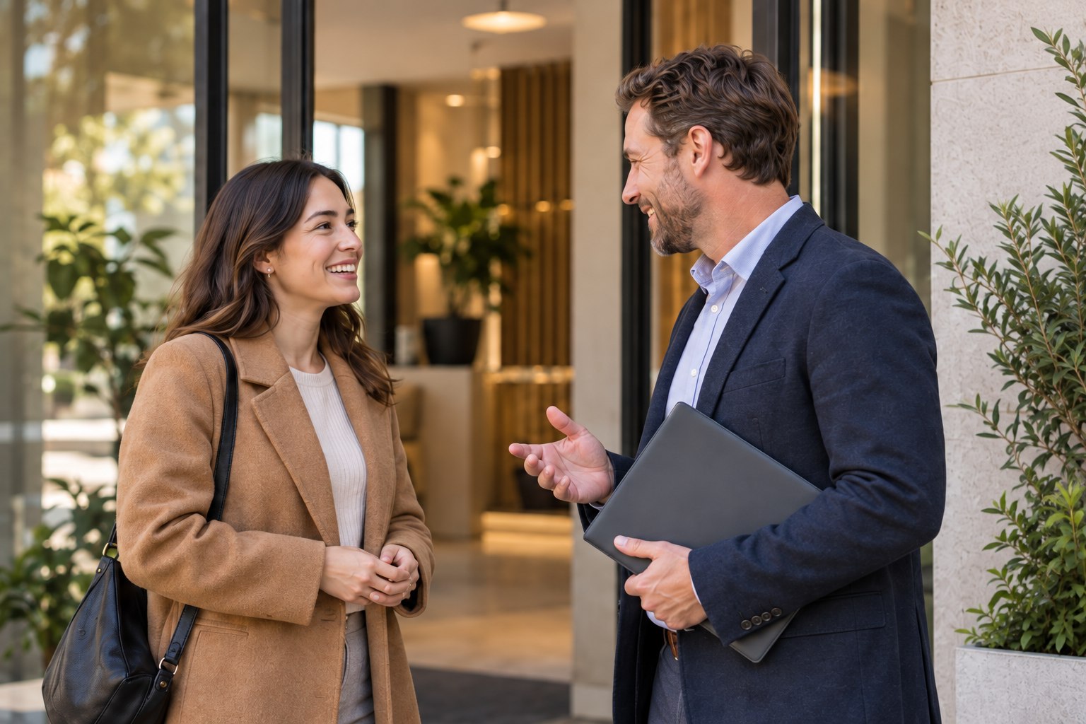 Illustrative scene of a friendly conversation at an apartment entrance